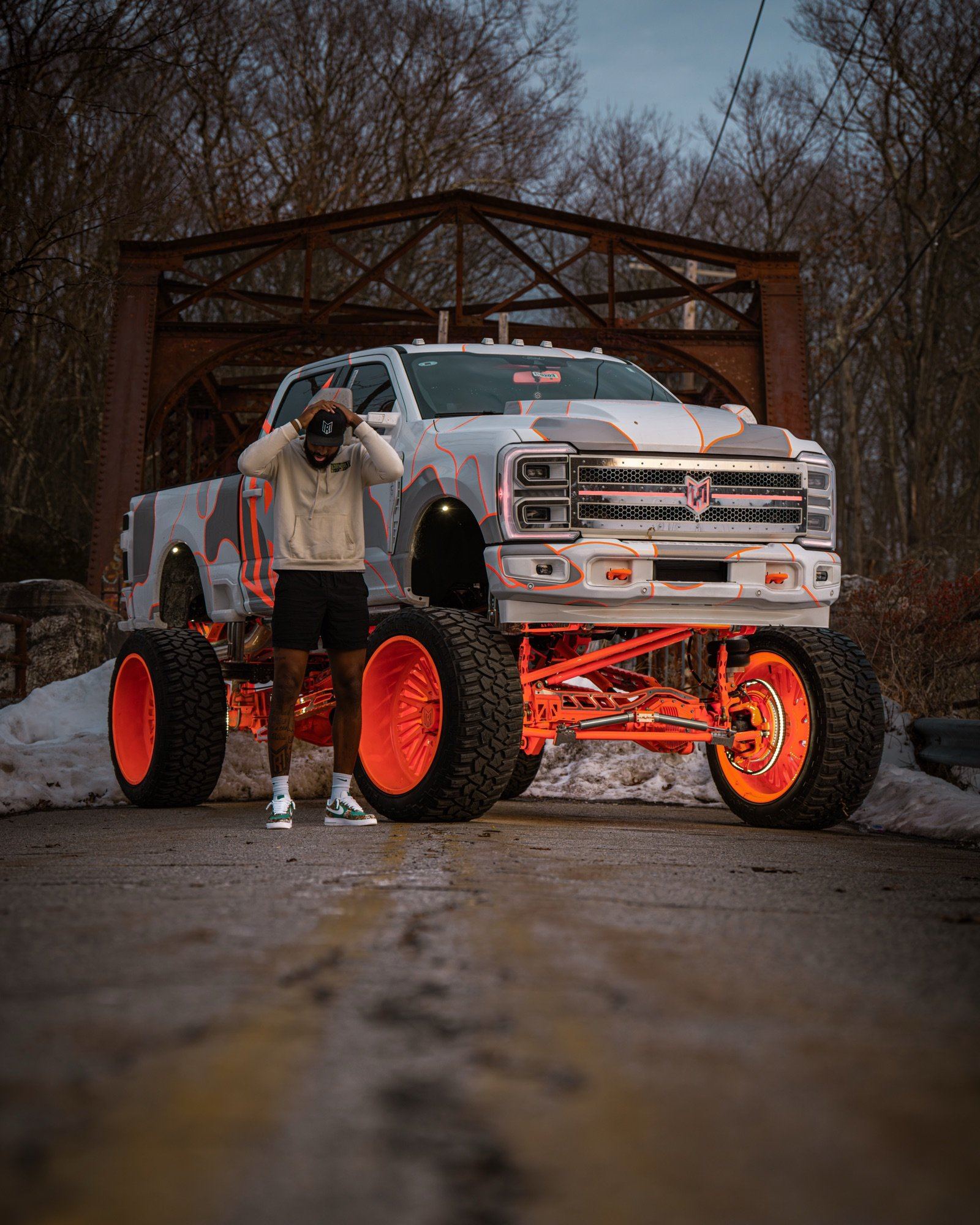 The F250 on a snow-covered bridge