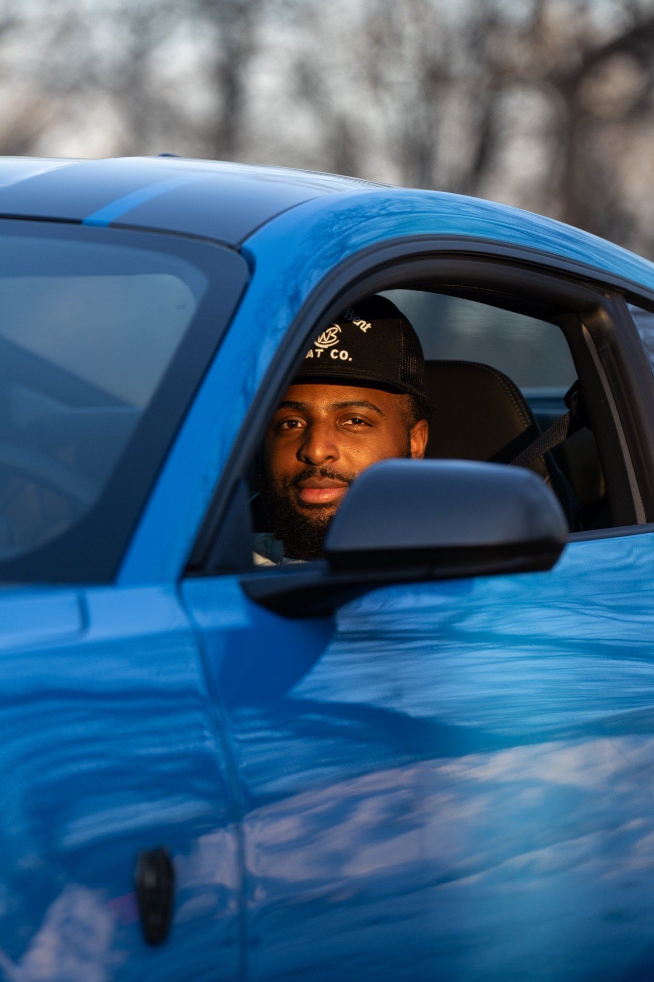 Mitchell Robinson — window-down in the Mustang, golden hour